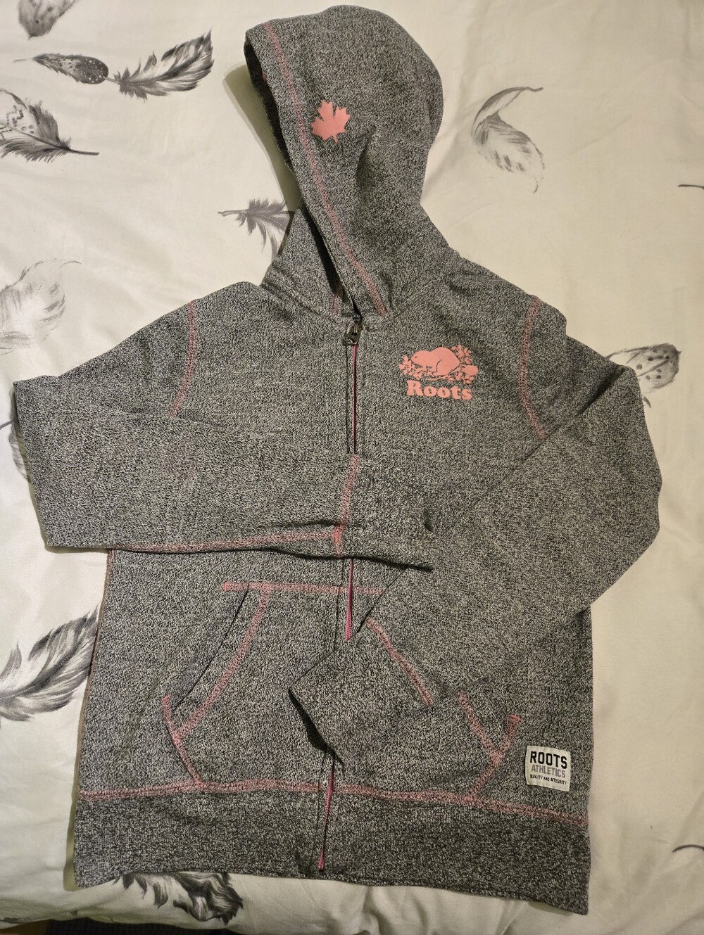 Roots Girls' Gray Hoodie with Pink Logo and Stitching